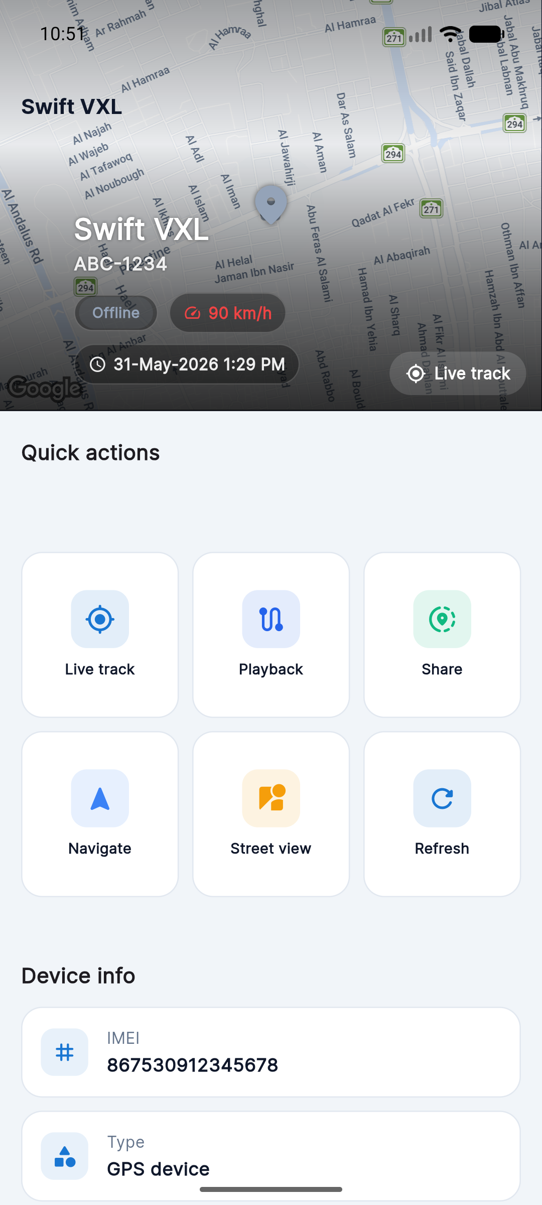 Vehicle details — FalconEyeGPS mobile app screenshot